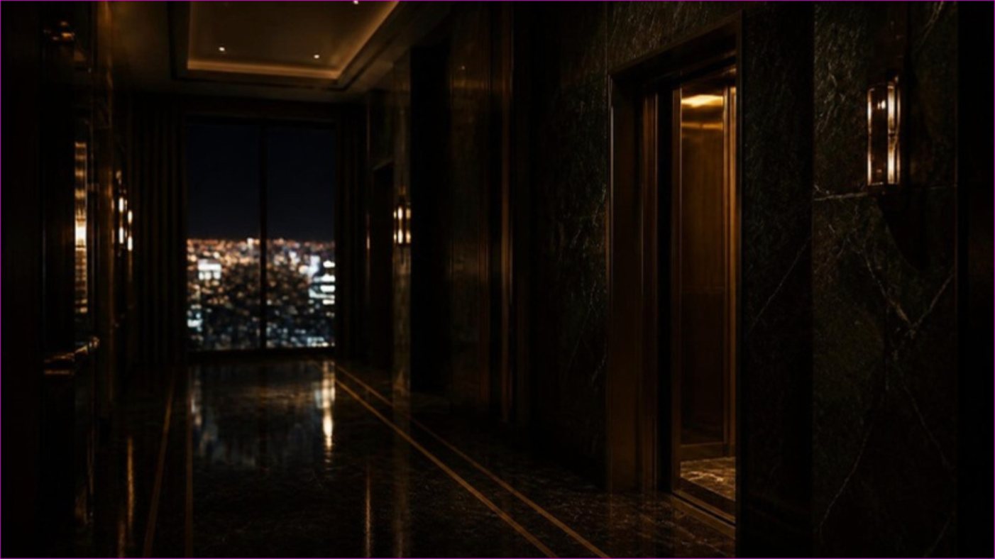A dark private corridor, city lights at the far end